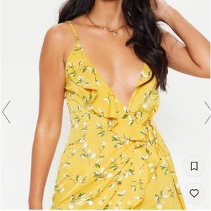 "Yellow Floral Lace Up Back Ruffle Tea Dress"